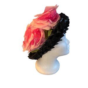 Ladies Pink Silk Flowers on Black Hat Vintage Union Made Sz 22